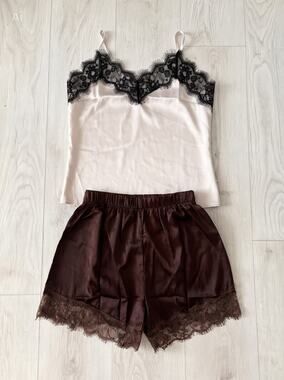 Beige Chocolate Brown Satin Lace Cami Shorts 2 piece Set Loungewear Size Medium